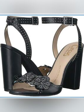 Circus by Sam Edelman Merle Studded Floral Ankle Strap Block Heeled Black Sandal